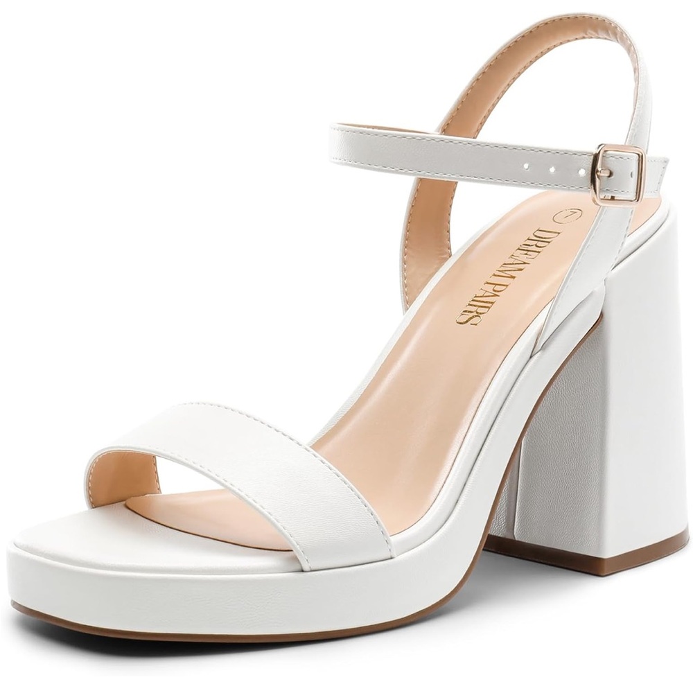 White ankle strap block heels